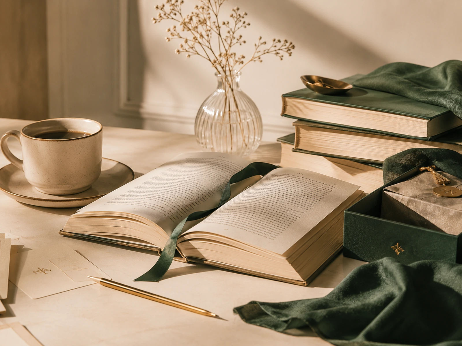 Open book and curated reading objects styled in warm editorial light.